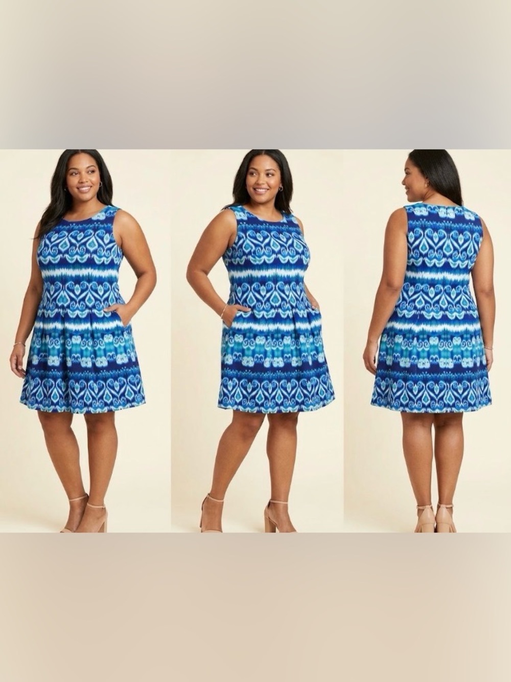 Gabby Skye sleeveless pleated dress in blue, aqua and white size 24W